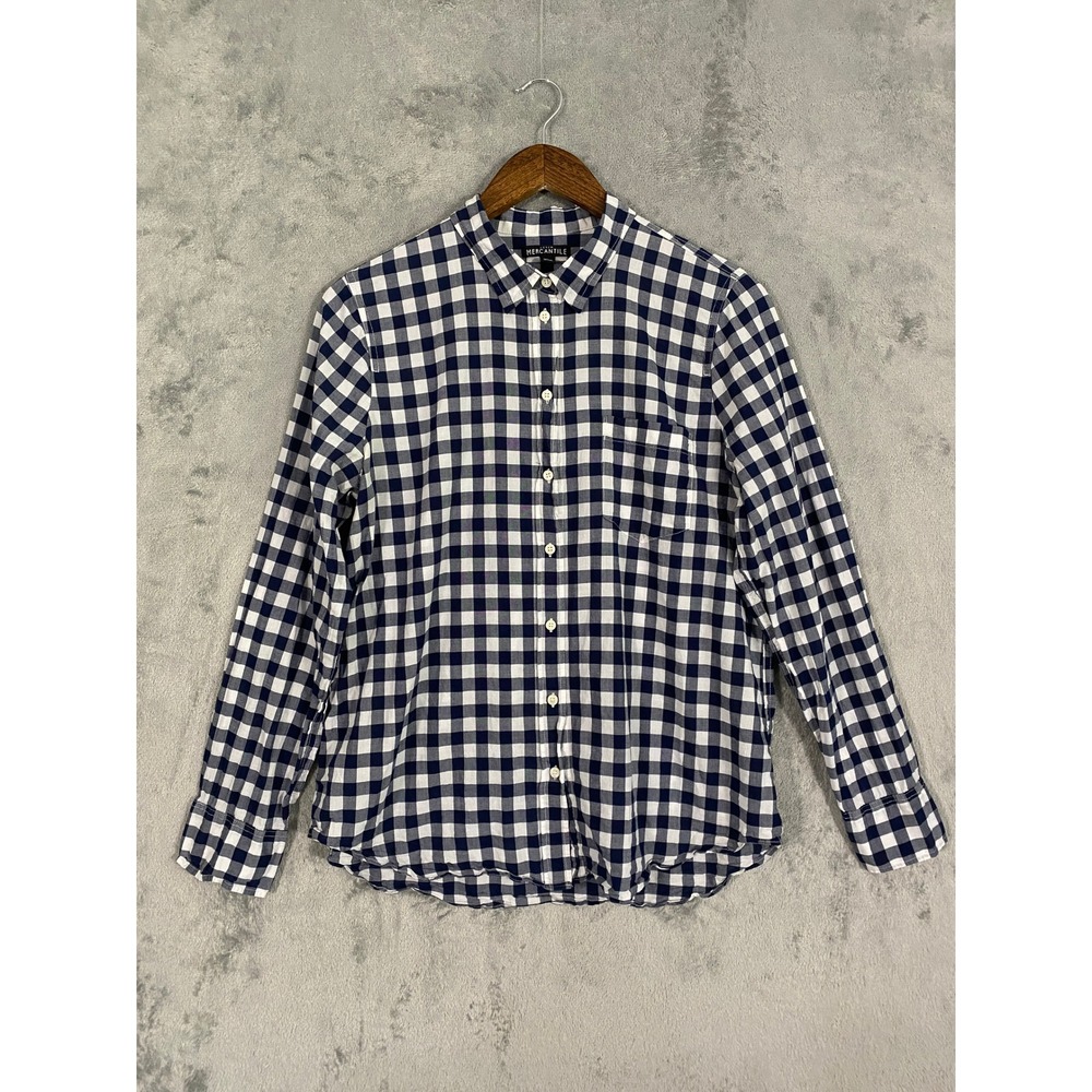 J.Crew Mercantile Shirt Sz L Navy Gingham Cotton Button Up Long Sleeve Coastal